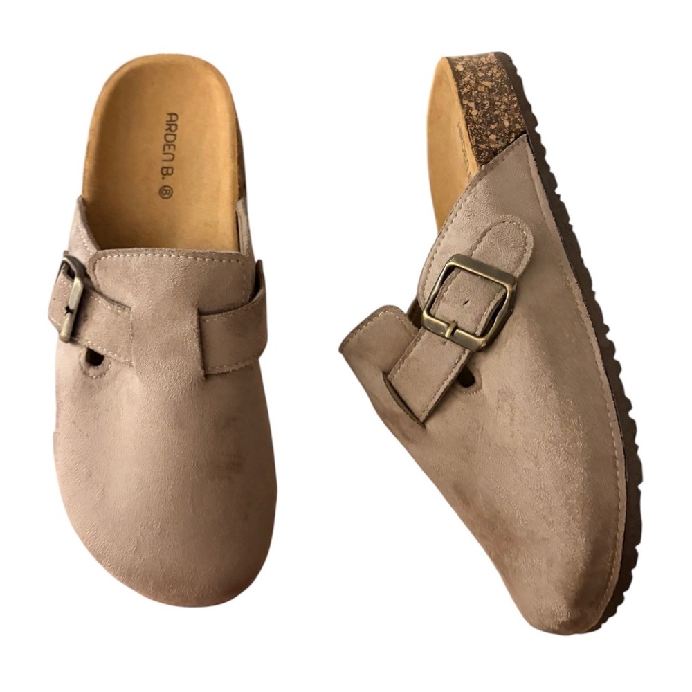 NEW Arden B. Womens Clogs Tan Faux Suede Buckle Cork Mules Size 8 Shoes